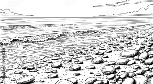 Hand drawn sketch depicting a calm ocean shoreline with gentle waves washing over scattered smooth stones and sandy beach