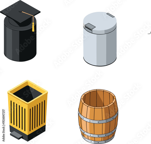Top view illustration of four different cylindrical containers including trash bins, wooden barrel, metallic waste can, and academic graduation symbol for storage, education, and recycling concepts