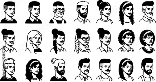 Collection of diverse people avatars featuring male and female individuals with various hairstyles, facial hair, and accessories for user profiles and team representation
