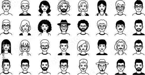 Collection of diverse people avatars featuring male and female individuals with various hairstyles, facial hair, and accessories for user profiles and team representation