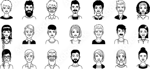 Collection of diverse people avatars featuring male and female individuals with various hairstyles, facial hair, and accessories for user profiles and team representation