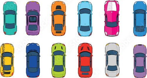 Top view illustration of twelve colorful cars including sedans, sports vehicles, and compact designs arranged in two rows for transport, traffic, urban mobility, and automobile concepts