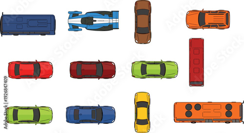 Top view illustration of twelve colorful vehicles including sedans, sports cars, buses, and recreational vehicles arranged in grid pattern for transport, traffic, and automobile concepts