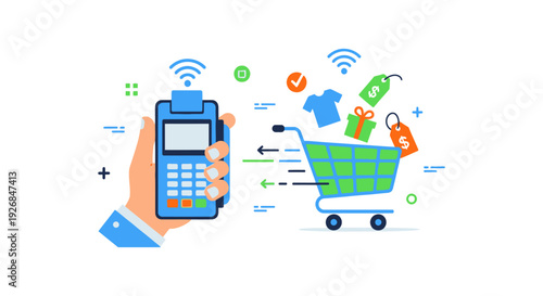 Mobile Payment and Online Shopping Concept with Hand Holding POS Terminal and Shopping Cart