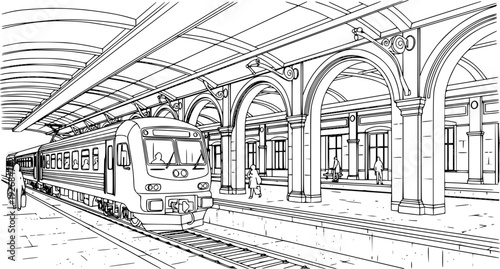Engaging architectural line drawing showcasing a passenger train stopped at a covered railway station platform.