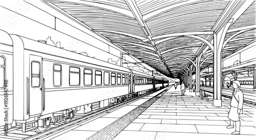 Engaging architectural line drawing showcasing a passenger train stopped at a covered railway station platform.