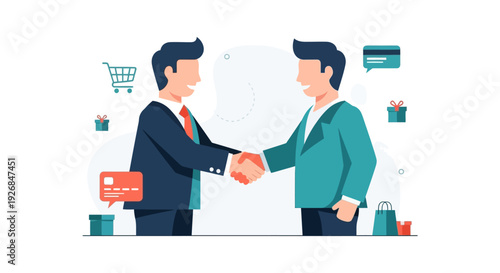 E-commerce Business Partnership Handshake: Online Deal, Agreement, and Collaboration Concept with Digital Transaction Icons - Vector Illustration