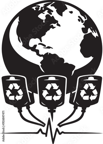 Recycling symbols on iv bags connected to a globe silhouette on white background