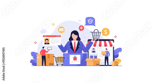 E-commerce Business Management and Online Shopping Operations. Digital Retail Strategy, Customer Service & Delivery Logistics Concept Illustration.