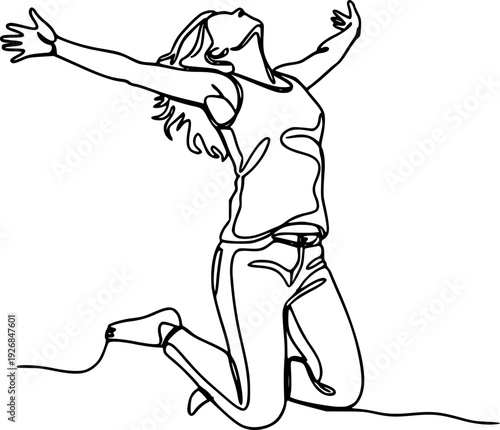 Continuous line drawing of a joyful woman jumping in the air