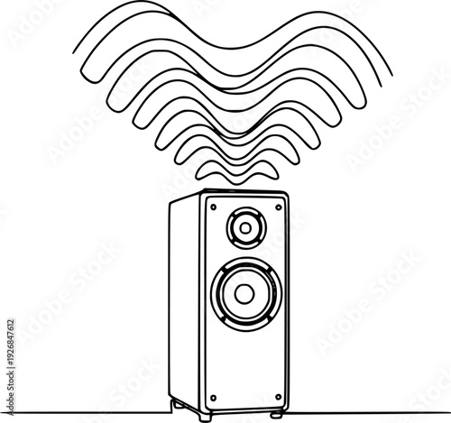 Sleek single line graphic of an audio tower speaker generating wavy sound signals