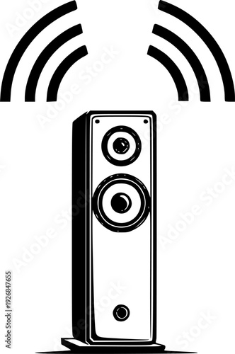 Sleek single line graphic of an audio tower speaker generating wavy sound signals