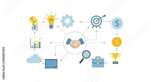Business partnership and success depicted through interconnected icons and symbols