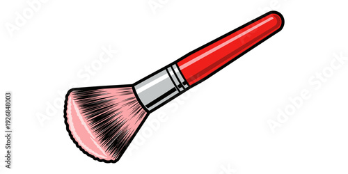 A pink makeup brush with a red handle for applying cosmetics on the face
