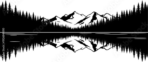 Stylized hand drawn forest with evergreen trees and serene mountain reflection on a tranquil lake surface
