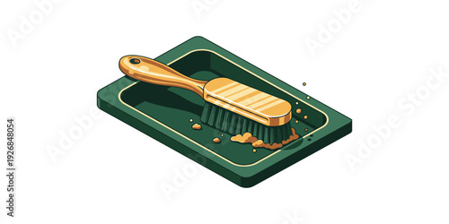 Isometric illustration of a hairbrush inside a green box packaging