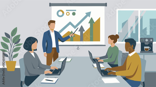 Diverse business team having a meeting with presenter showing growth charts