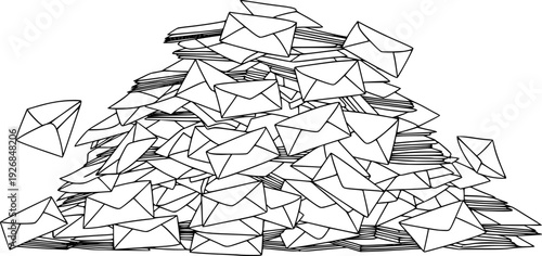 Outline drawing of a large overflowing pile of mail envelopes representing communication, backlog, or urgent messages