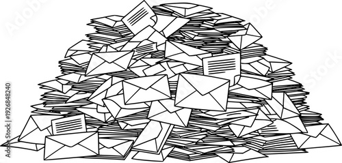 Outline drawing of a large overflowing pile of mail envelopes representing communication, backlog, or urgent messages