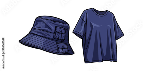 Stylish navy bucket hat paired with a matching loose-fitting t-shirt