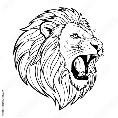 A black and white drawing of a lion's head