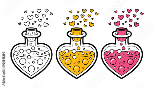 Heart-shaped bottles with colorful liquids and floating hearts, isolated on white background, romantic and whimsical vector illustration for love, potion, or decorative concepts.