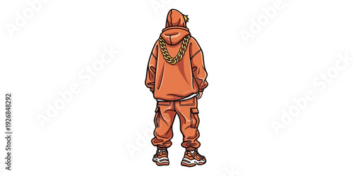 A stylish character wearing an orange hooded tracksuit and sneakers.