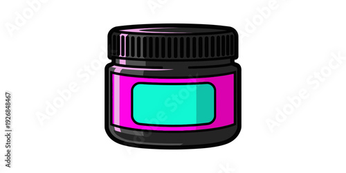 Small jar with turquoise liquid and pink lid for artistic or cosmetic use
