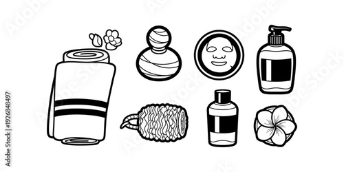 Assorted personal care and hygiene products displayed in a minimalist illustration