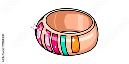 Colorful striped bracelet wrapped around a wooden band with a decorative knot.