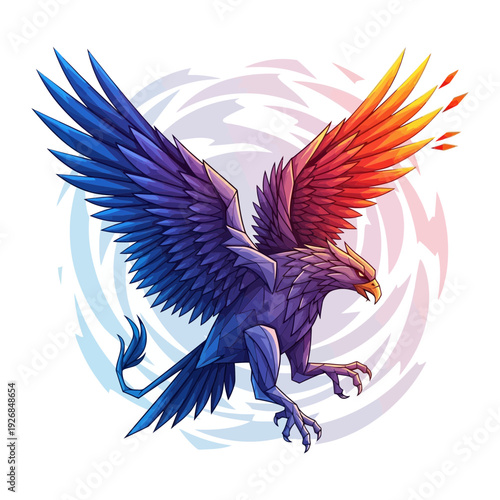 A colorful bird with wings spread wide