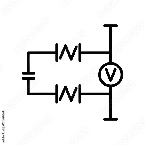Clean and precise black and white line art of an electrical circuit with a voltmeter for educational and technical use.