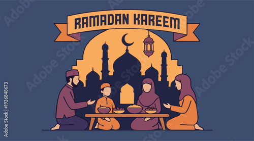 Muslim Family Breaking Fast During Ramadan Iftar Celebration with Mosque Banner