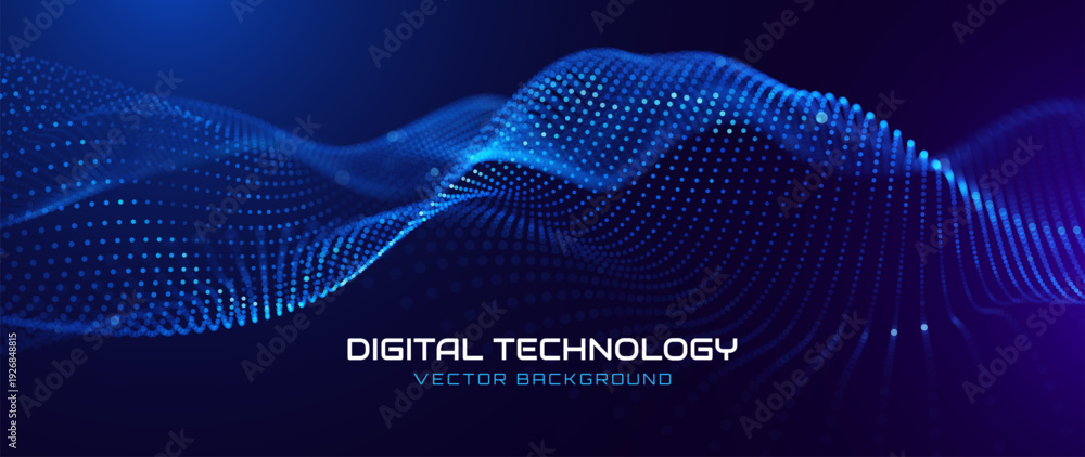 Obraz premium Big Data Flow With Glowing Particle Waves On Dark Background. Abstract AI Neural Network And Digital Communication Concept. Futuristic Tech Design. Vector Illustration. 