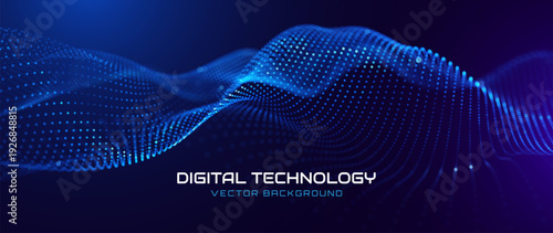 Big Data Flow With Glowing Particle Waves On Dark Background. Abstract AI Neural Network And Digital Communication Concept. Futuristic Tech Design. Vector Illustration.
