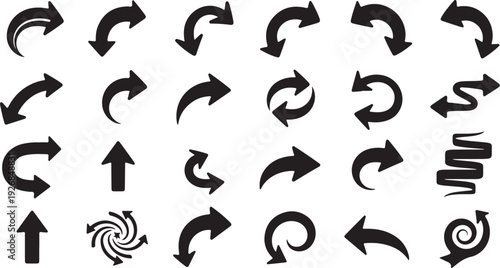 Collection of various black arrow icons on white background