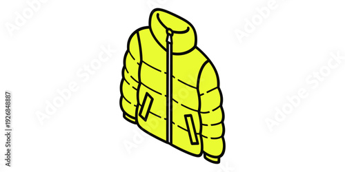 Bright yellow isometric illustration of a puffy winter jacket with button details