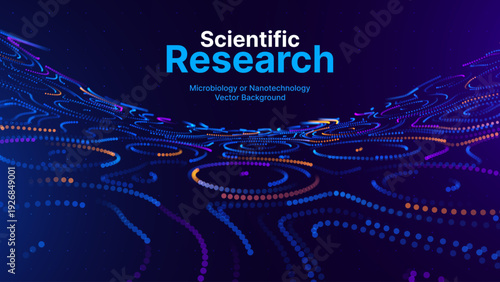 Futuristic Science Landscape with Dynamic Particle Paths and Topographic Wave Lines. Biotechnology and Data Driven Research Concept Background, Vector Illustration.