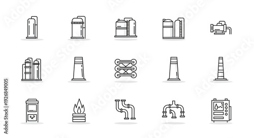 Collection of industrial icons representing various aspects of the oil and gas industry.