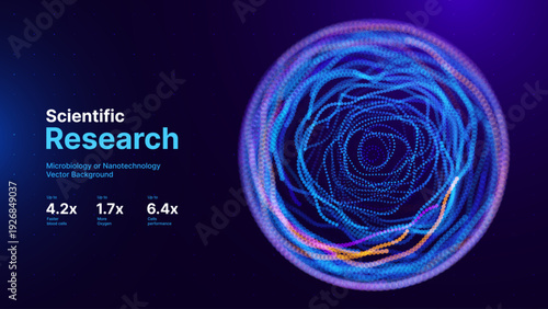 Scientific Research Background with Microscopic Cellular Forms and Data Metrics. Biotechnology, Medicine, and Nanoscience Technology Concept. Vector Illustration.