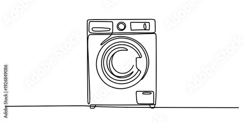 One line drawing of a modern front loading washing machine for household laundry
