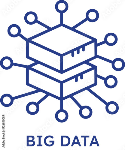 A professional vector icon representing big data analytics and complex information networks featuring blue stacked data blocks connected to multiple nodes in a decentralized web