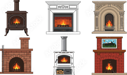 Fireplace and Wood Burning Stove Vector Set with Classic Brick Mantel, Modern Heater, Rustic Iron Stove, and Cozy Home Interior Elements