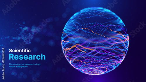Scientific Research Background with Microscopic Cellular Forms and Data Metrics. Biotechnology, Medicine, and Nanoscience Technology Concept. Vector Illustration.