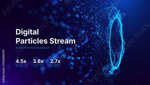 Abstract Particles Flow Science Research Presentation Background. Dynamic Digital Particle Stream Abstract AI Data Flow Concept for Tech, Science and Innovation Design. Vector Illustration.
