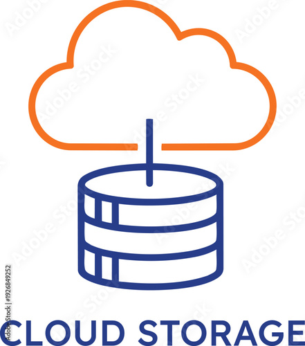 Modern blue and orange cloud storage icon featuring a database server connected to a digital network cloud representing secure online information backup and remote data management