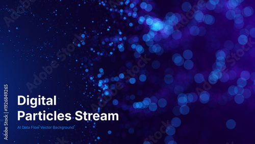 Abstract Particles Flow Science Research Presentation Background. Dynamic Digital Particle Stream Abstract AI Data Flow Concept for Tech, Science and Innovation Design. Vector Illustration.