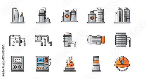 Industrial equipment and machinery icons representing various factory elements.