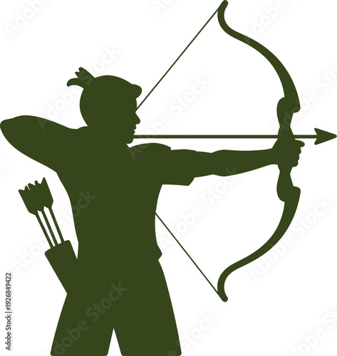 Archer Silhouette Vector Illustration: Bowman Aiming Arrow at Target.