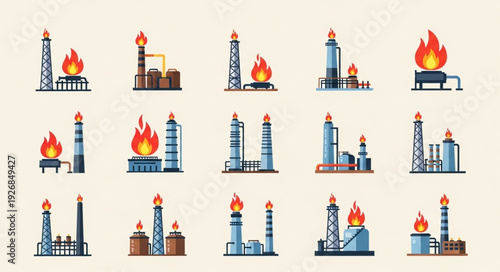 Oil refinery plants with flames, industrial and energy production concept.